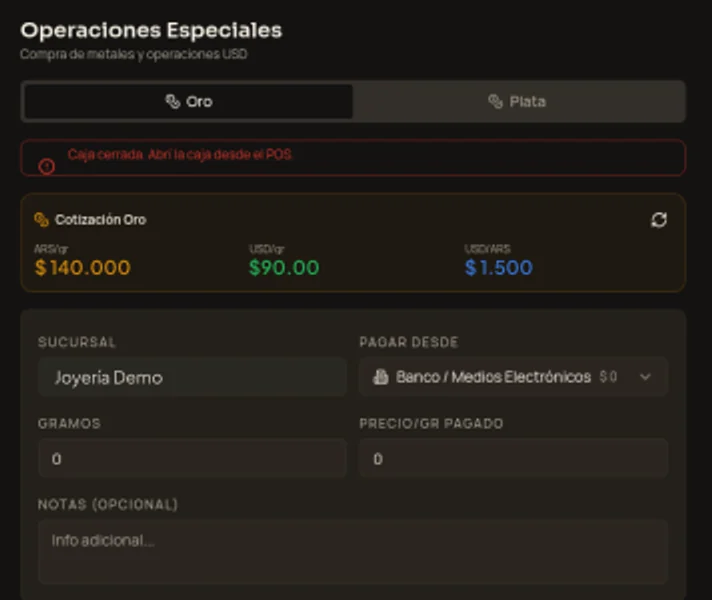 Compra de oro: cotización del día, sucursal, gramos y precio pagado por gramo