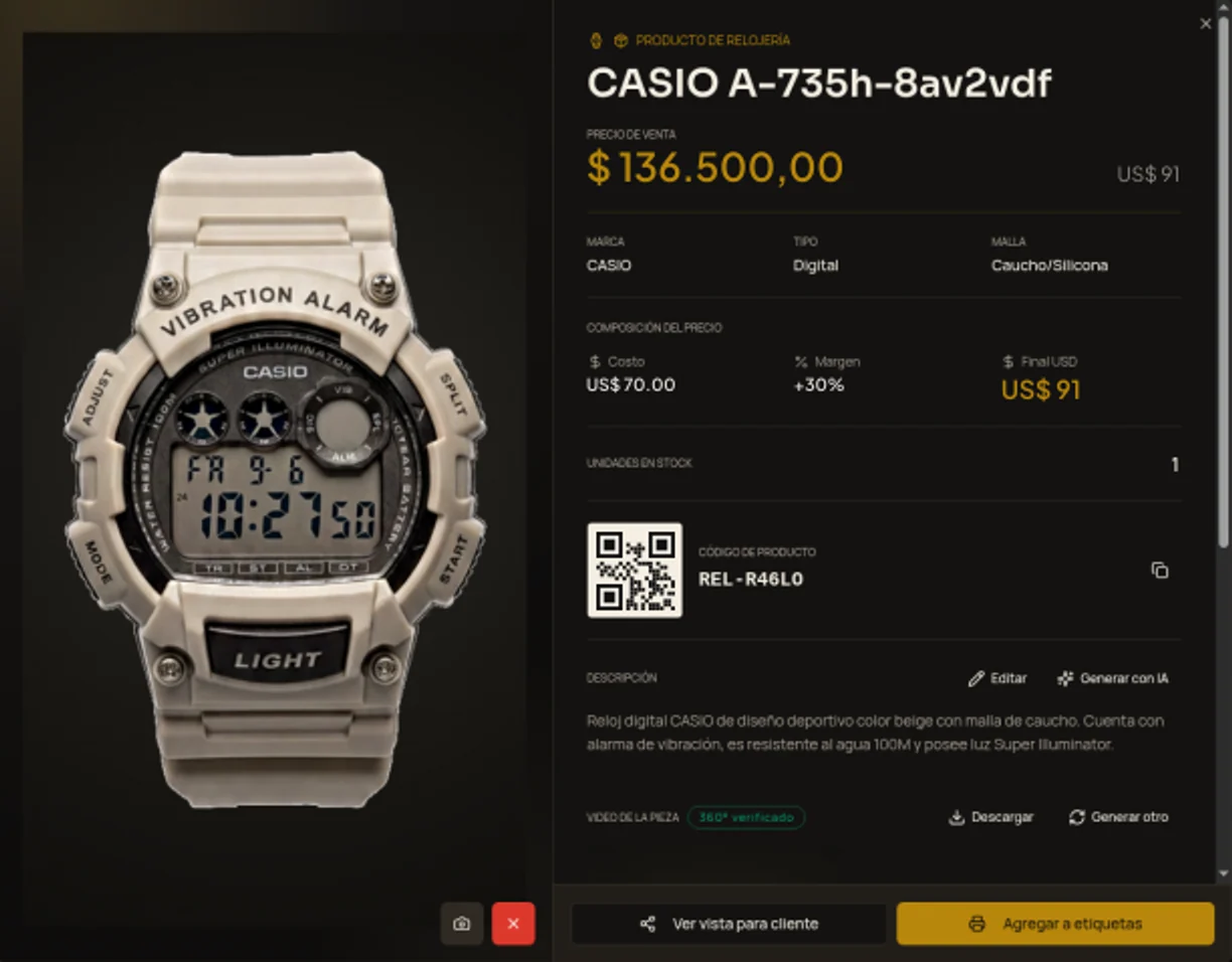 Ficha de un reloj: precio de venta, composición del precio y código de producto