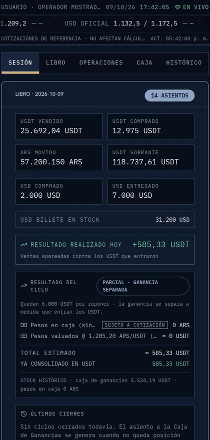 App en el celular: sesión del día y resultado realizado