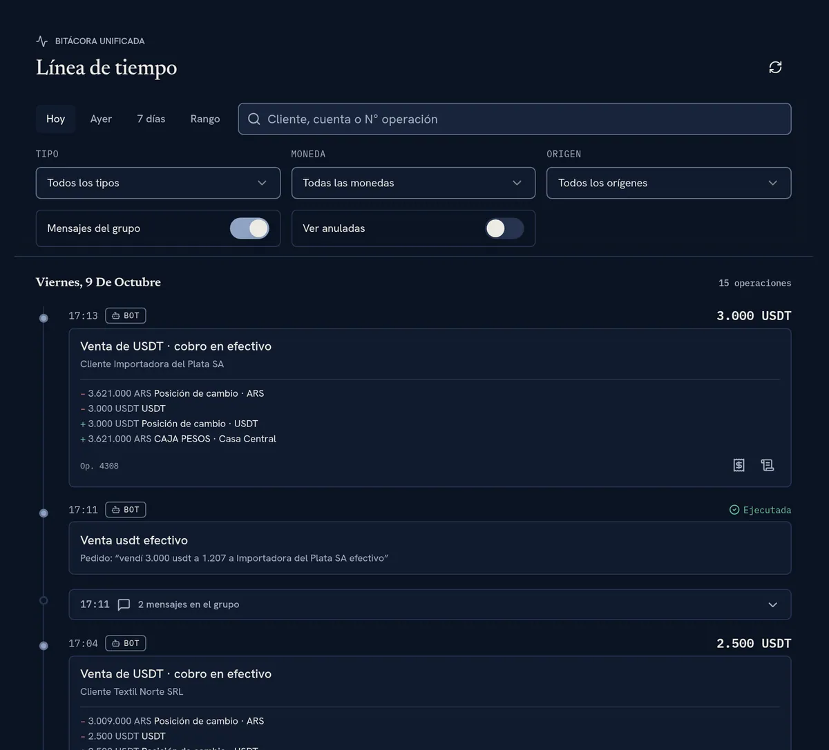 Bitácora del día: operaciones con sus asientos y pedidos del chat