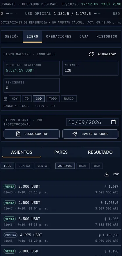 App en el celular: libro con los asientos del día