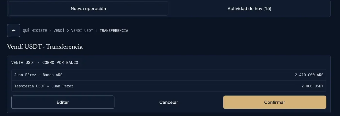 Carga guiada de una venta de USDT con sus asientos y los saldos de cuentas