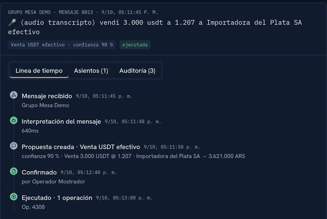 Un audio transcripto convertido en operación: mensaje recibido, interpretación, propuesta, confirmación y registro